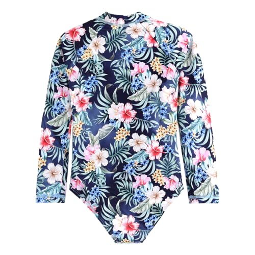 Image of Kids Girls Rash Guard Long Sleeve One Piece Swimsuits Zipper Bathing Suits UPF 50+ Tropical Plant Flowers Ages 3-12
