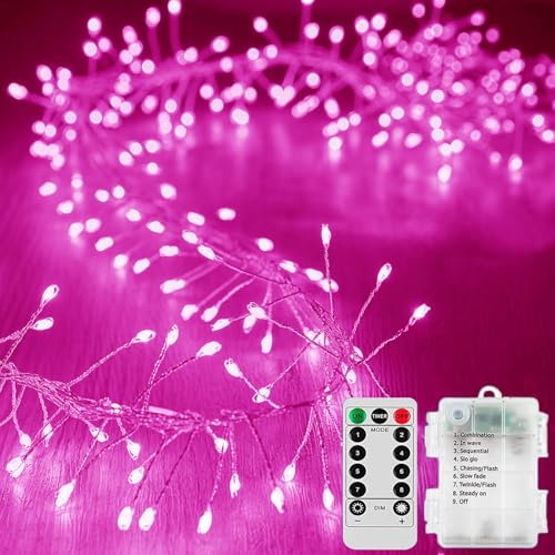 KINGCOO Cluster Fairy Lights, 19.6FT 200LED Silver Wire Firecracker Garland String Lights Battery Operated with Remote Timer for Outdoor Indoor Home Bedroom Wedding Christmas Party Decor (Pink)