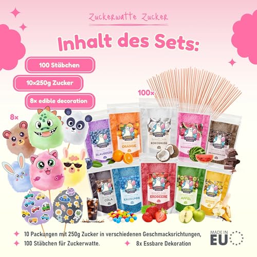 CANDY LAMA Zuckerwatte Zucker Set | 10 x 250g | inkl. 100 Zuckerwattestäbe | 100% Vegan & Allergenfrei | Ideal für Zuckerwattemaschine | 8 essbare Dekorationen – Bild 3