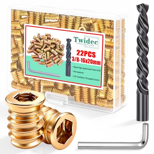 Twidec/22PCS 3/8-16 Threaded Inserts for Wood Furniture Screw-in Nut Wood Inserts Bolt Assortment Kit with Hex Wrench and Drill Bit(3/8-16x20mm)