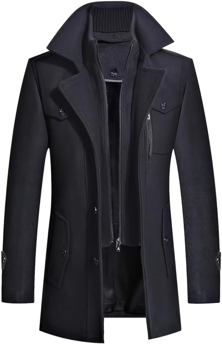 INVACHI Men's Trench Coat Wool Blend Single Breasted Peacoat Thermal Business Winter Coat with Removeable Collar