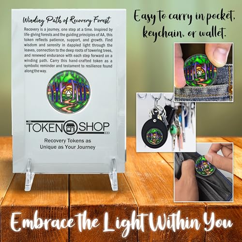 stained glass aa coin scenic journey alcoholics anonymous addiction recovery sobriety chip medallion inspirational sober gifts for men and women by the token shop winding path of recovery forest