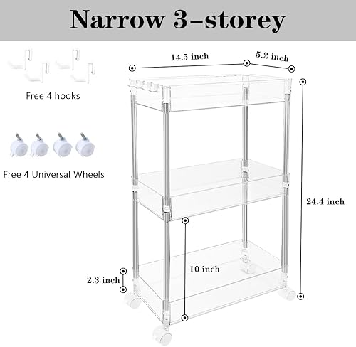 Miniatura 2 de Carrito de almacenamiento versátil y transparente, diseño delgado, organizador multiusos de 3 niveles para cocina, baño, oficina y más (delgado de 3