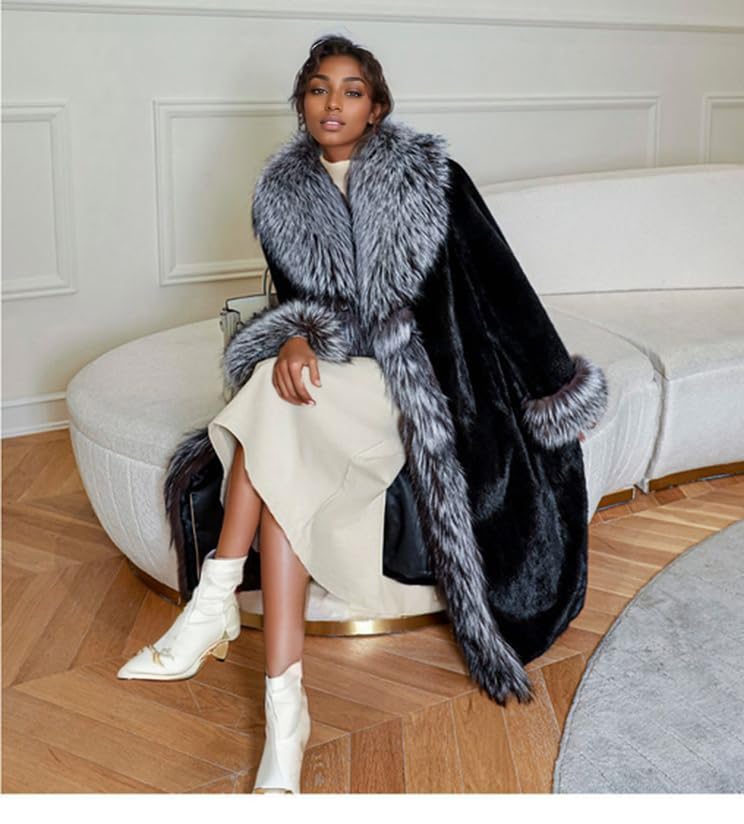 Shaggy Faux Fur Long Sleeve Long Length Black Coat Fluffy Grey Collar Women's Fashion Outwear3