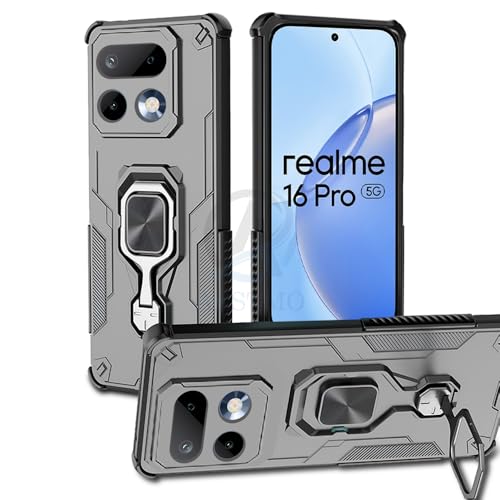 Image of AESTMO Armor Back Cover for Realme 16 Pro 5G | Ring Holder & Kickstand & Camera Protection in-Built | 360 Degree Protection Back Case Cover for Realme 16 Pro 5G (Black)