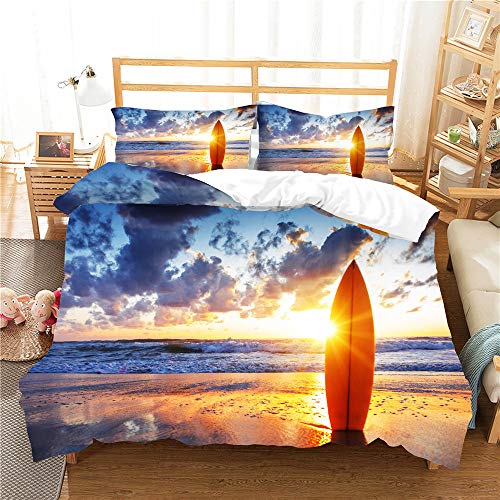Treer Juego de Ropa de Cama, 3D Microfibra Almohada Antialérgico Anti Impresión Funda Nórdica de Edredón Estampada Bedding Set Cama 90/135/150 (3pcs-180x220cm,Tabla de Surf)