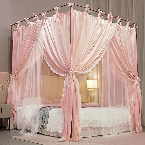 4 Corners Post Princess Curtain Bed Canopy Double Layer Cozy Mosquito Net Mesh and Cloth for Girls Adults Bedroom Decoration (Double-Beigepink/White, 64″ W*82″ L*82″*H/(Queen))