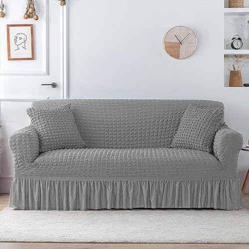 Image of Lukzer 320 GSM Stretchable 5 Seater Turkish Sofa Cover Universal Couch Protector Bubble Fabric with Frill Universal Big Elasticity Slipcover (Ash Grey /SC-099-05)