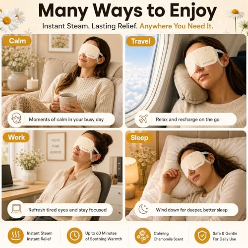 Image of Lure Essentials Steam Eye Mask, Heated Eye Mask, Self Heating Warm Compress for Dry Eyes, Fast Relief for Stye, Puffy Sensitive Eyes, Moist Heat, Relaxation Gifts for Women and Men - Chamomile