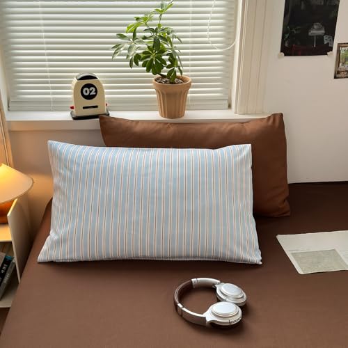 Image of VM VOUGEMARKET Light Blue & Coffee Striped Duvet Cover Set Twin XL,Soft Washed Microfiber Striped Bedding Set,Fresh Casual Neutral Aesthetic Comforter Cover for Girls Boys-68 inchx90 inch
