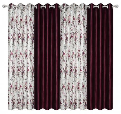 Image of 5 Feet Polyester Floral Light Filtering Window Curtains for Living Room, Bedroom & Dining Room, Eyelet Top, Wine Printed and Solid Plain Curtain Set of 4