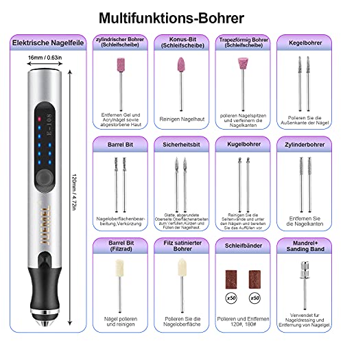 Elektrische Nagelfeile, JUEMEL Nagelfräser Maniküre für Gelnägel Acryl Gele Kallus Entfernen,11 in 1 USB Professionell… – Bild 5