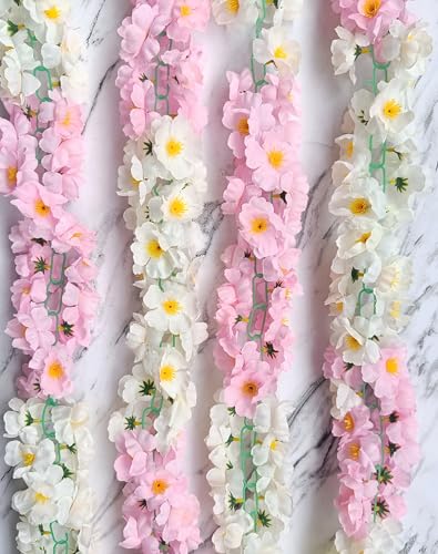 Image of VRB Dec 1 Pcs Artificial Flowers Vine Blossom /Roses Garland Fake (6 feet) Flowers Fabric Roses /Blossom Garland for Wedding Decor Diwali /Ganpati /Garden Wall Valentine (White & Pink Combo Blossom)