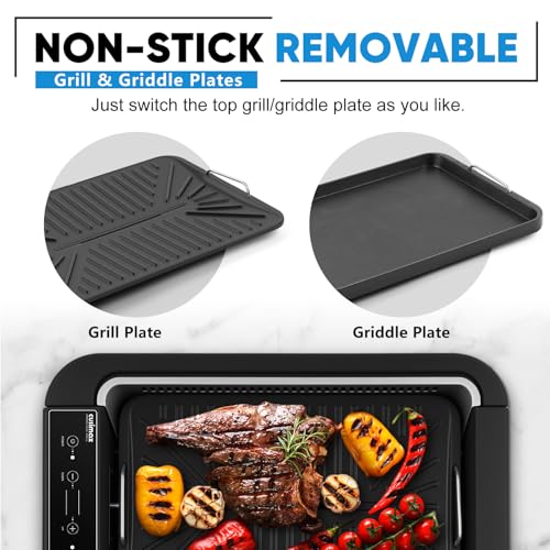Image of Indoor Grill, CUSIMAX Electric Smokeless Grill & Griddle, Black, 1500W | With REPLACEABLE Smoke Filter Sponge /Smart LED Display /Non Stick 2 in 1 Grill & Griddle Plates /Larger Grilling Area