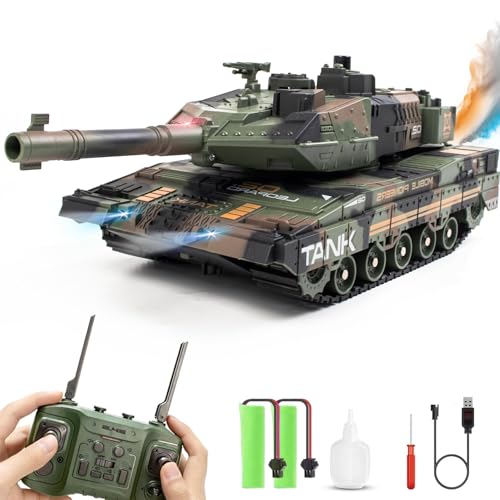 Hitish RC Tank That Shoots for Kids - 2.4Ghz Remote Control Army Tank Toys with Auto Demo Sound Light Smoke - 13 Channel Military Vehicles Model Gift for Adults Boys Age 6-8 9-12, Army Green