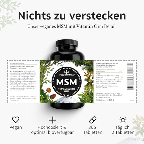 MSM Tabletten - 2000mg MSM (Methylsulfonylmethan) je Tagesdosis - 365 Tabletten (6 Monate) - Mit natürlichem Vitamin C aus Acerola - Hochdosiert, vegan, laborgeprüft, ohne unerwünschte Zusätze