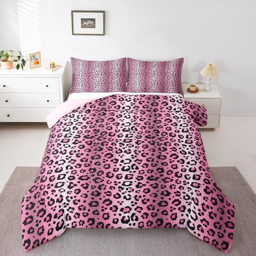 Image of Feelyou Hot Pink Leopard Comforter Set, Cheetah Fur Print Bedding Set Toddler Size Teens Leopard Stripes Comforter Toddler Wildlife Duvet Set with 1 Pillow Case