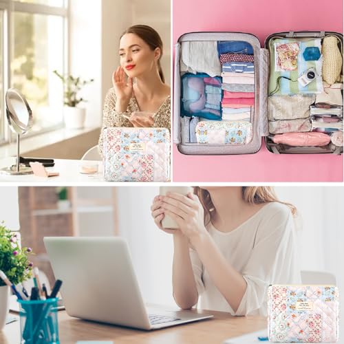 2Pcs Quilted Cotton Makeup Bag Large Travel Makeup Pouch Small Brush Holder Set for Women Cute Floral Coquette Makeup Bag Aesthetic Cosmetic Bag Flower Bee Toiletry Organizer Storage Bag Zipper Pouch3