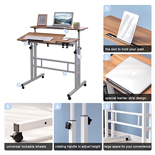 Aiz Adjustable Rolling Desk Cart On Wheels Home Office Computer Workstation, Portable Laptop Tall Table For Standing Or Sitting, Oak #TOP6