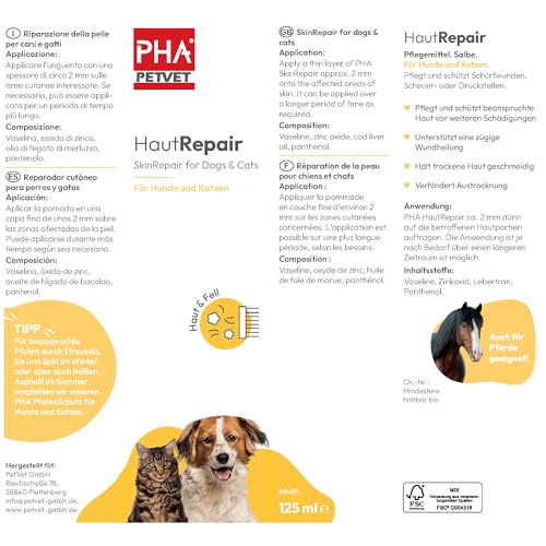 PHA HautRepair Creme für Hunde & Katzen - Pflege und Schutz bei Schürfwunden, Druckstellen mit Vaseline, Zink, Lebertran, Vitaminen, Panthenol, 125 ml