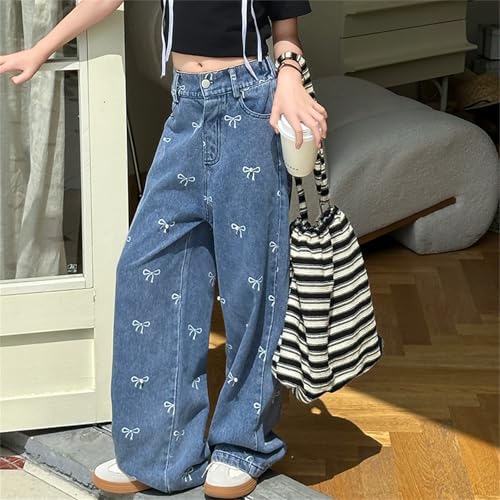 Kids Girls Bow Print Wide Leg Casual Jeans Size 5-14 yrs3
