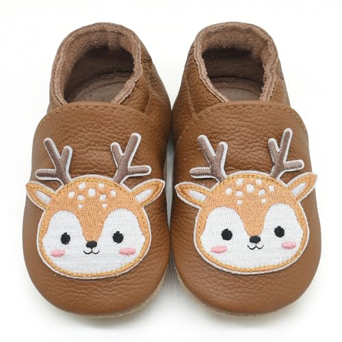 OWLOWLA Baby Leather Crib Shoes Soft Sole Toddler Moccasin Boy Girl(Deer,6-12months)