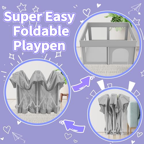 Image of Foldable Playpen for Babies and Toddlers,50 inchx71 inch Collapsible Play Pen with 50 Ball Pit Balls, Portable Indoor & Outdoor Play Yard, Baby Fence with Carry Bag, Mat Not Include, Grey