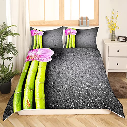 Capa de edredom de cerca de bambu com estampa de flores florais, conjunto de cama de galhos de folha