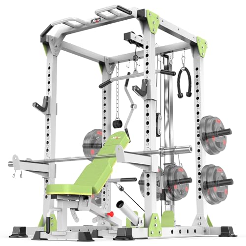 Power Rack Power Cages Multi-Function Squat Rack with Cable Crossover System Selectable More Training Attachment Weight Cage for Garage & Home Gym (White, B set L01 Power Cage+Weight Bench)
