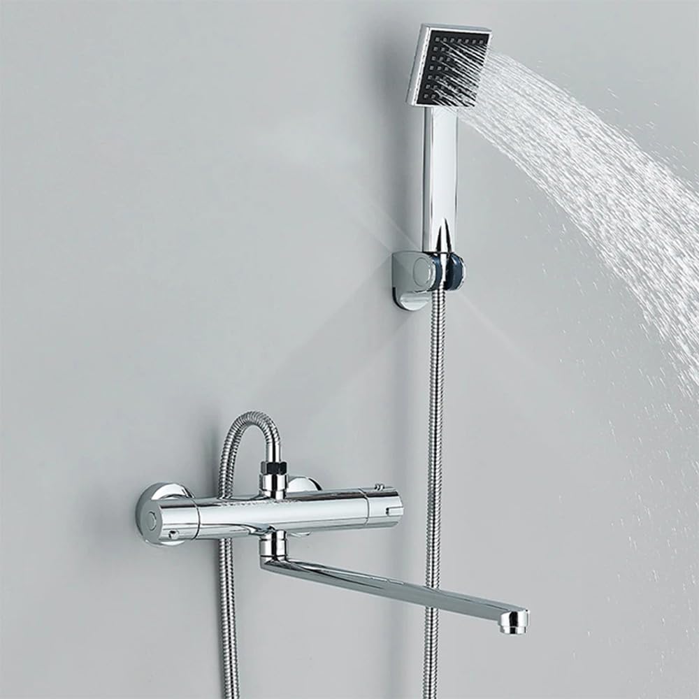 HomeLava Grifo termostático con ducha de mano, grifo mezclador de ducha, termostato con botón de seguridad de 38 °C, juego de ducha para ducha y bañera, cromado