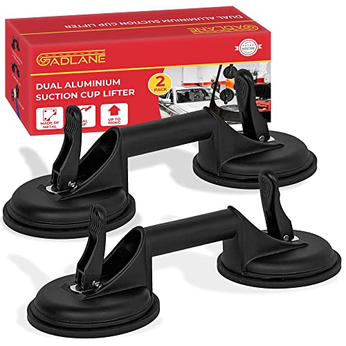 GADLANE Dual Aluminium Suction Cups Heavy Duty - 2 Pack Suckers for Glass Tiles Slabs - Twin Glass Suction Cups Up To 100kg of Elevation - Glass Suckers Lifters 11.9cm Diameter - Black (Pack of 2)