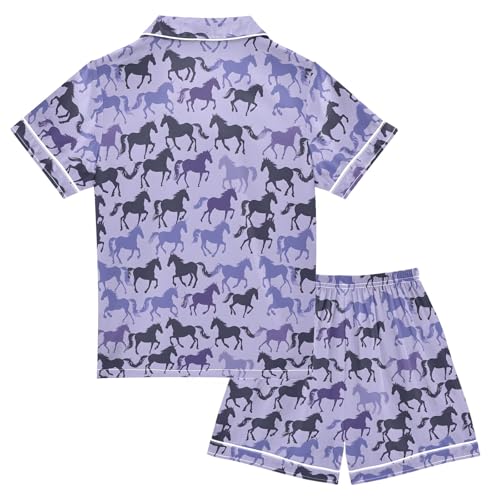 Purple Runnin Horse Summer Satin Pajama Set, Cute Button-Down Sleepwear Pj Set for Sleep Wears2