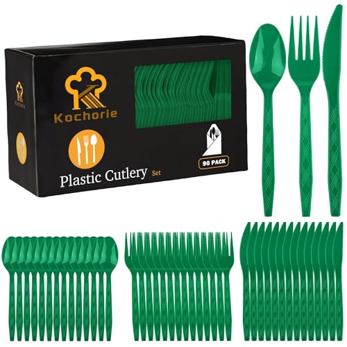 Kochorie 90 Pieces Dark Green Plastic Cutlery Set Disposable Plastic Utensils Heavy Duty Flatware Set Includes 30 Knives 30 Forks 30 Spoons for Birthday Graduation Party Picnic