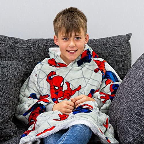Disney Official Spiderman Oversized Wearable Hooded Fleece | Super Warm and Cosy Sherpa Lined | Perfect For Kids Aged 7-12 Years, One Size Suggested Height 85cm+ Multicoloured