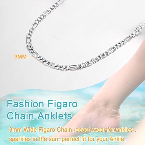 U7 Sterling Silver Anklets Adjustable Foot Jewelry 3Mm Diamond Cut Figaro Chain Ankle Bracelets For Women Teen Girls 22-27Cm #TOP2