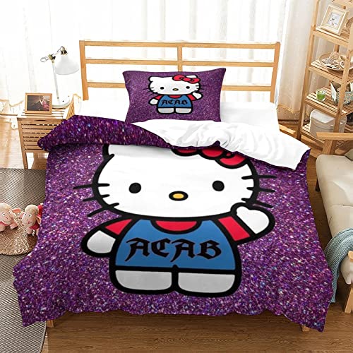 Housse de Couette Hello Kitty Parure de lit 3 pièces, Housse de Couette imprimée avec Fermeture éclair pour décoration de literie