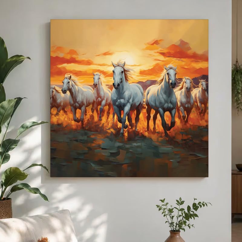 Image of PAINTINGMANTRA 7 Running Horses Vastu Stretched Canvas Painting For Living Room Seven White Horses Wall Art Painting Symbol of Success, Growth & Positive Energy Wall Art for Home & Office, 22x22 Inch