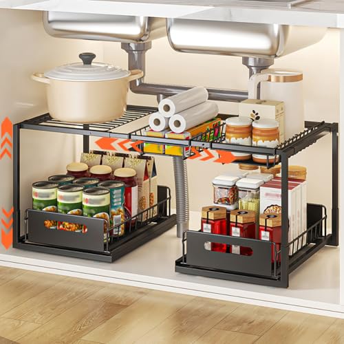 YunNasi Rangement Sous Evier, Extensible Organisateur à 2 Niveaux en Métal, Hauteur Réglable Coulissant Tiroir Étagères pour Placard Meuble Cuisine Salle Bain(Noir,...