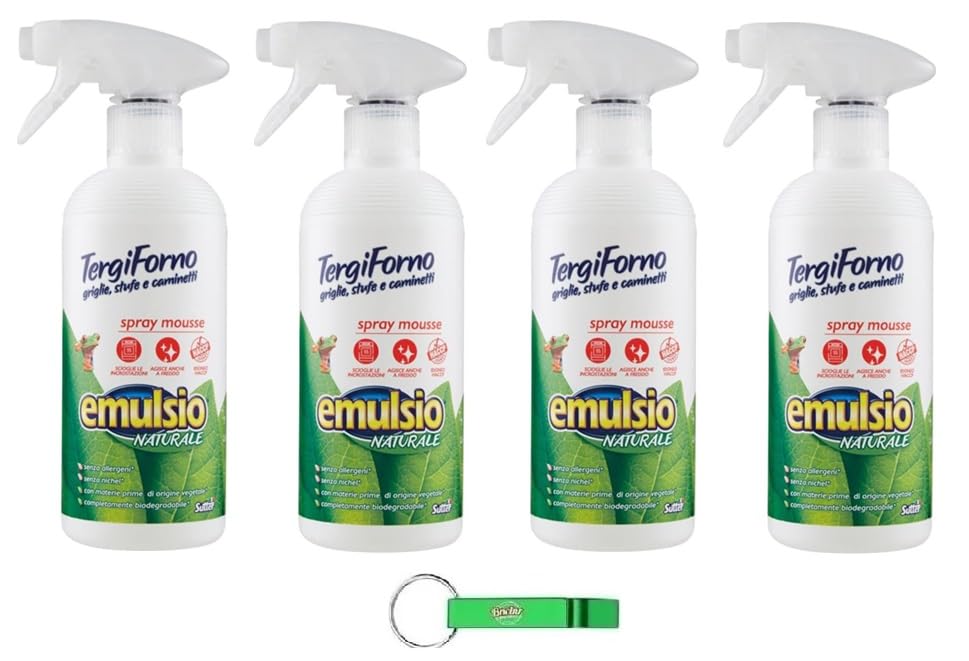 Emulsio Naturale Tergiforno - Limpiador en spray para mousse (4 unidades, limpia a fondo el cristal de chimeneas y hornos, desengrasa y elimina la suciedad sin esfuerzo, 500 ml, incluye llavero Beni
