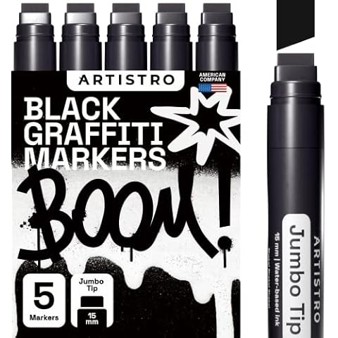 ARTISTRO Graffiti Markers, 5 Jumbo Black Markers, 15mm Jumbo Felt Tip, Acrylic Paint Markers for Rock Painting, Stone, Ceramic, Glass, Wood, Canvas Cover