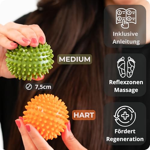 M.S.Lemberg® Igelball Massage Set - Massageball für Reflexzonen, Anti-Stress, Entspannung Geschenk - Noppenball Fußmassage Rücken Nacken Hand Fuß - Ball mit Noppen klein - hart & mittel-weich 2
