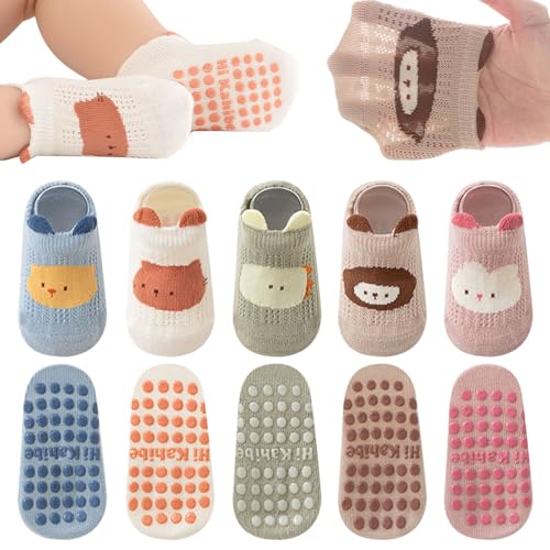 QIYIENDIAN Kinder Rutschfeste Socken Mesh Baumwolle Atmungsaktiv 5 Paar Baby Knöchelsocken(C-Multicolor-Animal,1-3Y)