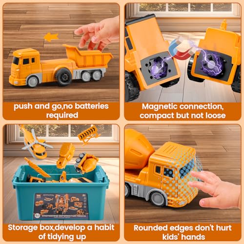 SJYN Magnetic Transform Engineering Car Assembled Toys with Storage Box, Toys for Toddlers Kids Magnetic Blocks, Construction Vehicle Magnetic Building Sets Ages 3-8 (35 Pieces) - Image 3