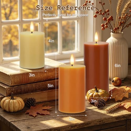 Image of Orange Flameless Candles with Remote, Fall Battery Operated Wax Candles | Flickering Autumn Harvest Pillar Candles, Decorative LED Candles for Fall, Thanksgiving, Halloween Home Party Decor, 3 Pack