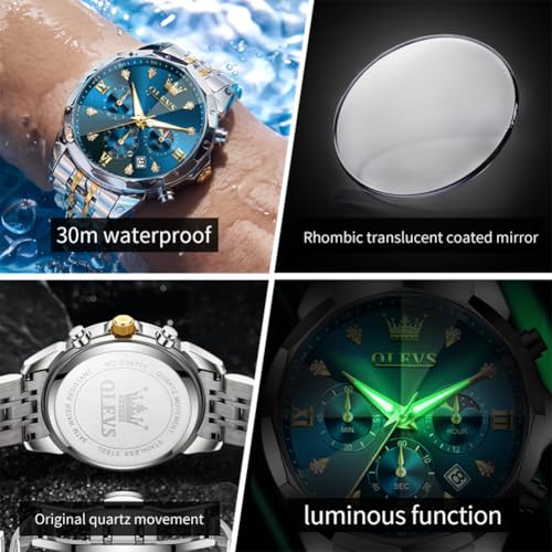 Image of OLEVS Watch for Men Luxury Gold Diamond Chronograph Business Wristwatch with Analog Quartz, Date Calendar, Stainless Steel Band, Luminous Hands, Waterproof