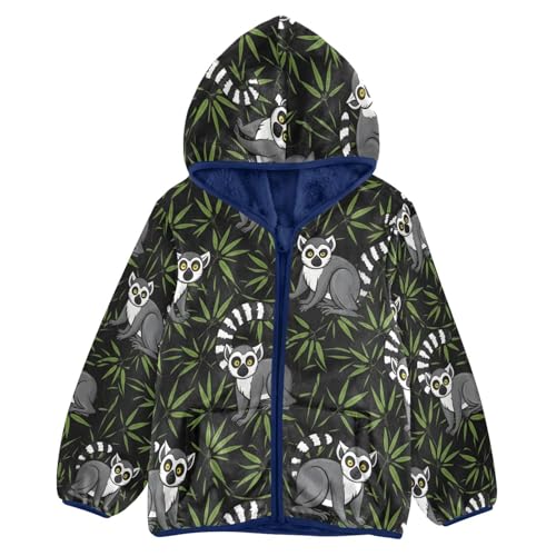 Lemur and Bamboo Pattern Print Toddler Fleece Jacket Girl Boys Hooded Fleece Jacket Coat Warm Outwear Zip-up 3-10T