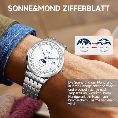 marvin-Automatikuhr-fuer-Herren-mit-GMT-Funktion-Schweizer-Uhrwerk-Mechanische-Luxusuhr-fuer-Herren-mit-Edelstahlarmband-Sonnen-und-Mondzifferblatt-Leuchtzeigern-und-Leuchtindexen-50-m-wasserdicht - Sparfuchs24.io - Preisvergleich & Top Angebote Online