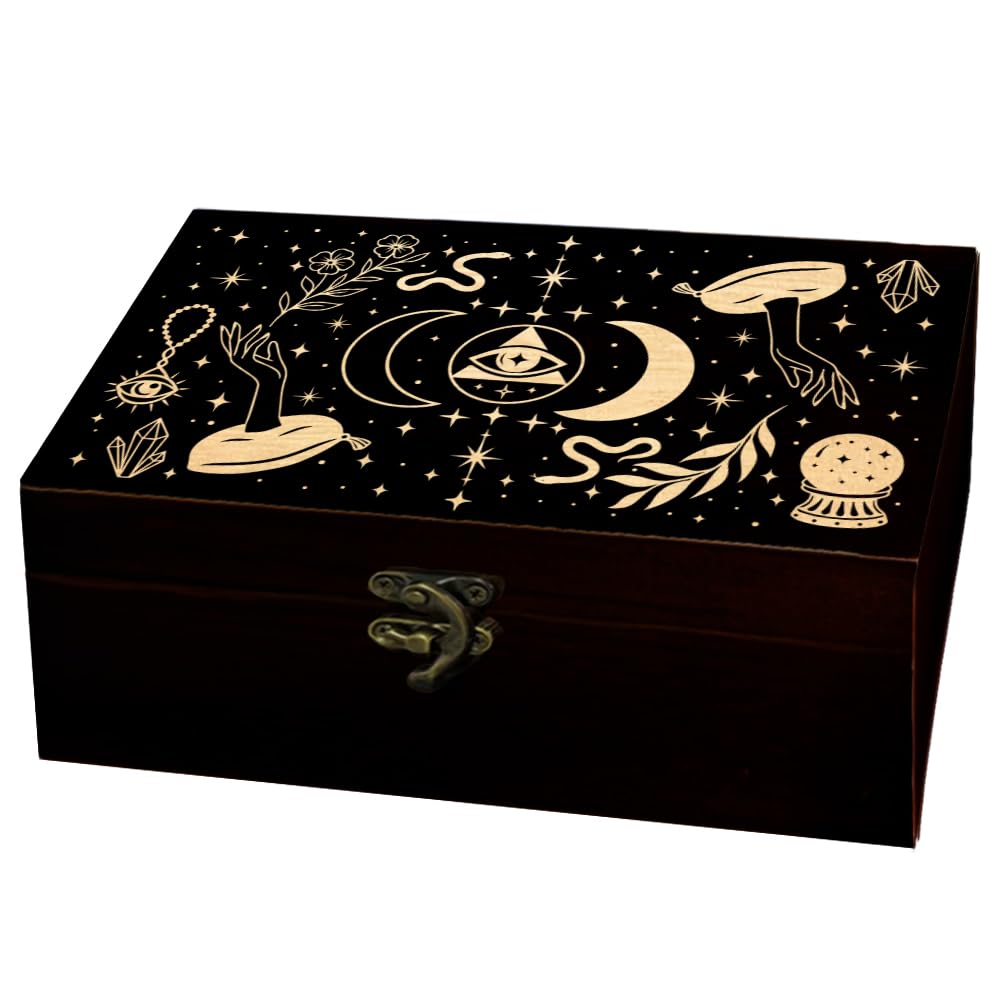 arricraft 1 Pc Wooden Memorial Storage Box, Moon Mystical Eye Hand Snake Flowers Branches Crystal Pattern Rectangle Souvenir Box for Anniversary Jewelry Picture Letter Storage (9.45x5.51x3.54 Inch)