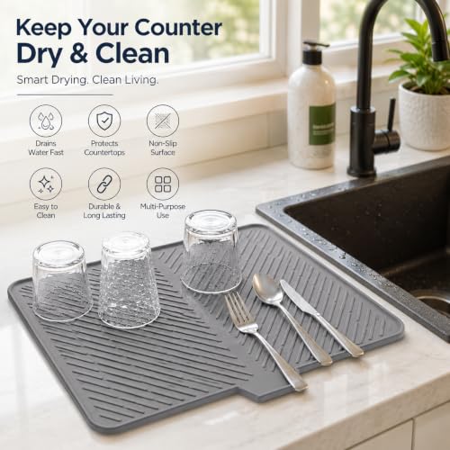Image of AGILAM- Silicone Dish Drying Mat | Heat Resistant | 22x16 Inch | Grey