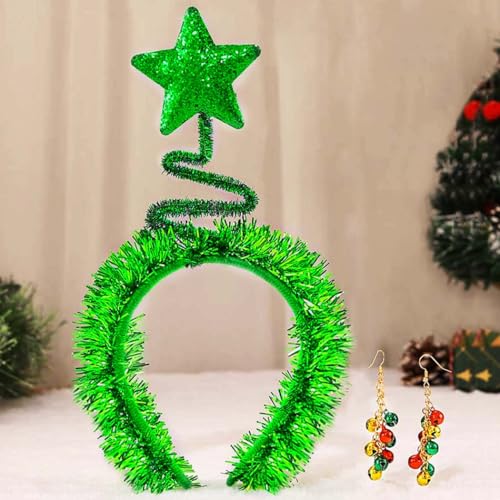 Sixexey Juego de diadema de Navidad con forma de estrella para el pelo, juego de aretes de cascabel de Navidad, accesorios para el cabello para mujer